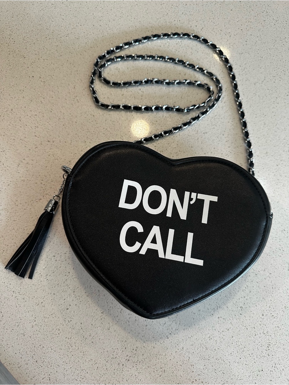 Dolls Kill Black Heart Crossbody Bag with White "DON'T CALL" Print